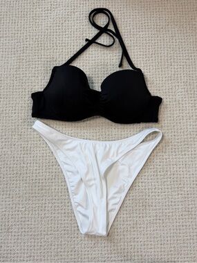 Shade & Shore Black Bikini Top with White High-Cut Bottoms
